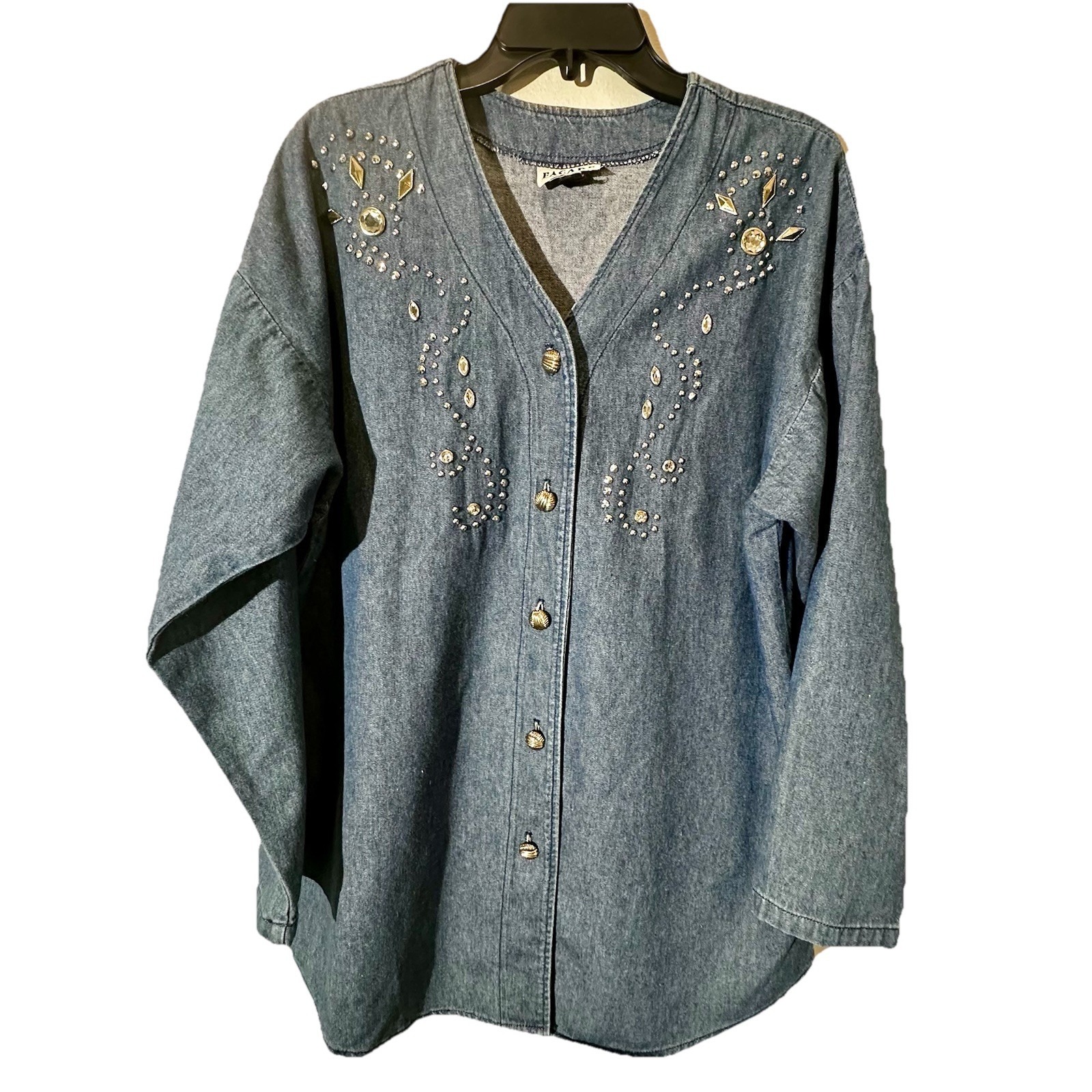 Vtg 80s Facade Made In Usa Embellished Denim Shirt 6 Rhinestone Buttons